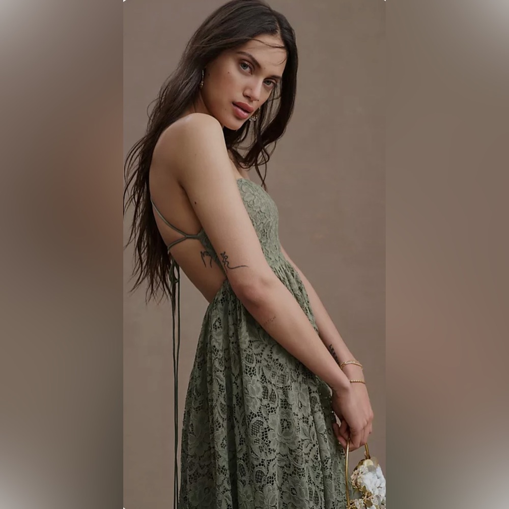 BHLDN Zoe Open-Back Lace Midi Dress - NWT Moss Green